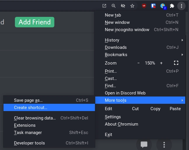 Screenshot showing the steps to find “Create shortcut…” button in Firefox